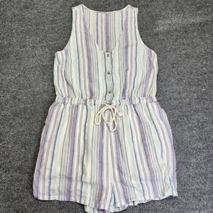 Lulu's Forever Adventure Romper Womens Medium Striped Purple Linen Pockets